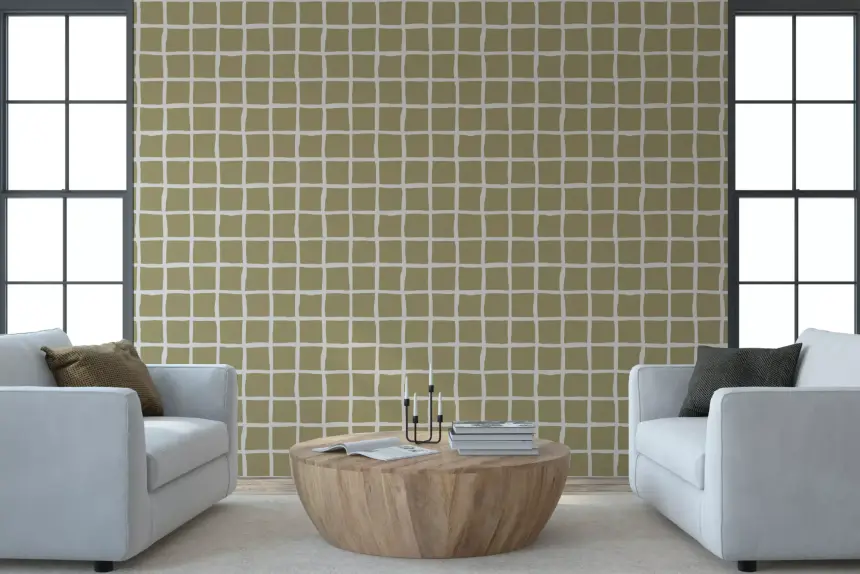 Olive Beige Green Grid Wallpaper Boho Coastal Wallpaper