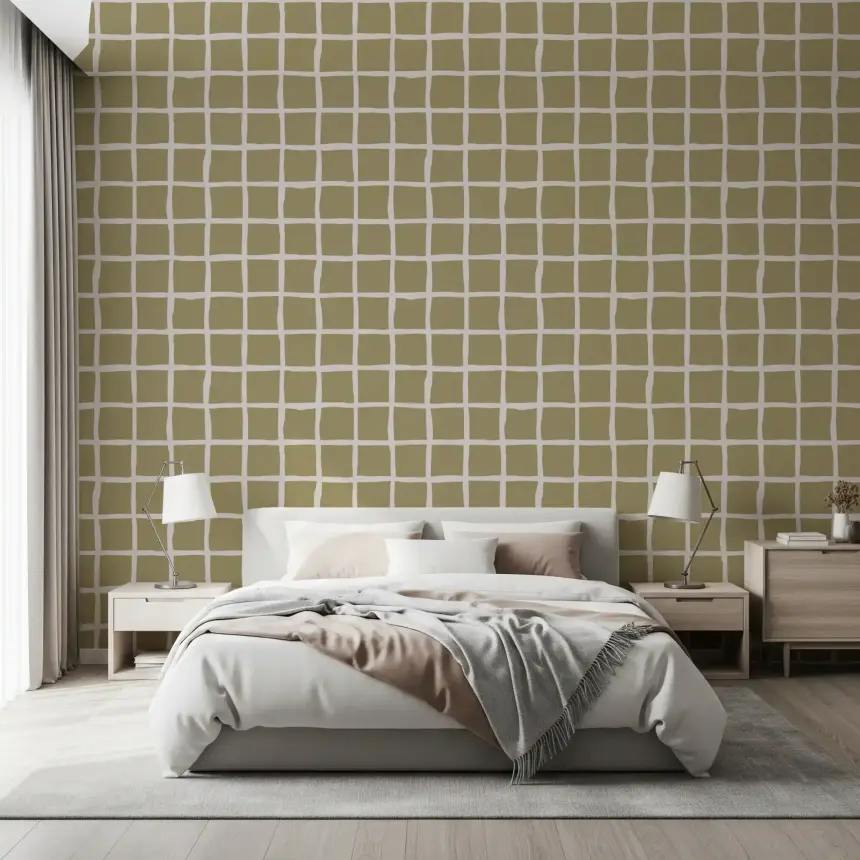 Olive Beige Green Grid Wallpaper Boho Coastal Wallpaper