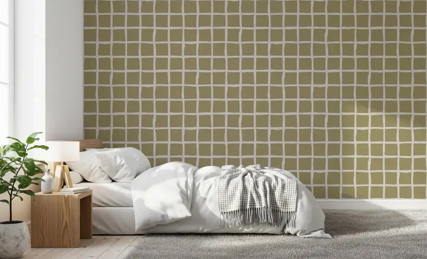 Olive Beige Green Grid Wallpaper Boho Coastal Wallpaper