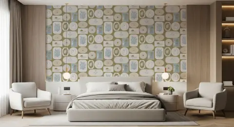 Olive Green Tropical Coastal Stamp Pattern Wallpaper