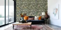 Chinoiserie Peacock and Floral Green Wallpaper