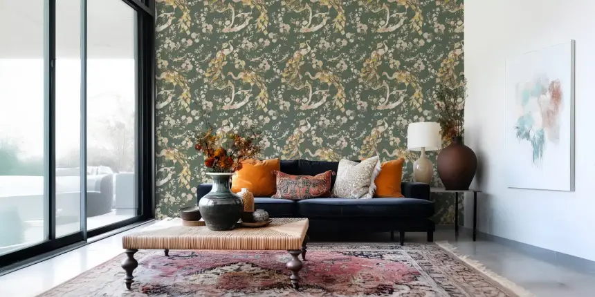 Olive Green Vintage Peacock Wallpaper