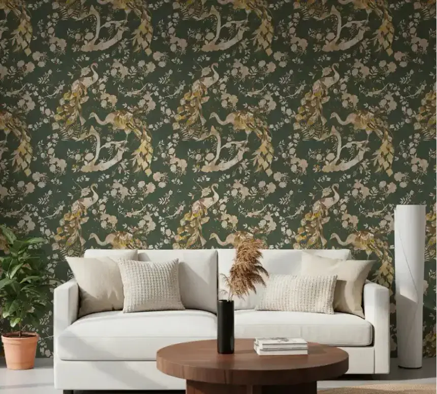 Olive Green Vintage Peacock Wallpaper