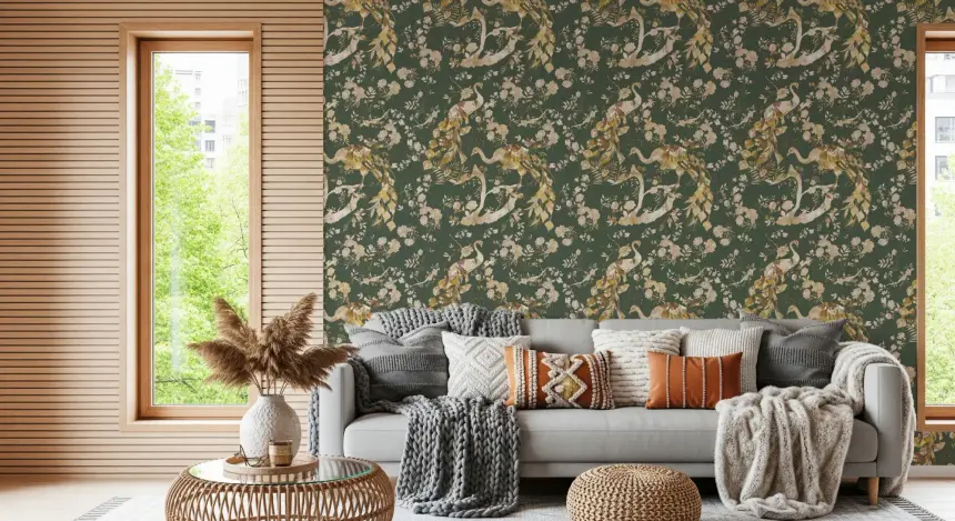Olive Green Vintage Peacock Wallpaper