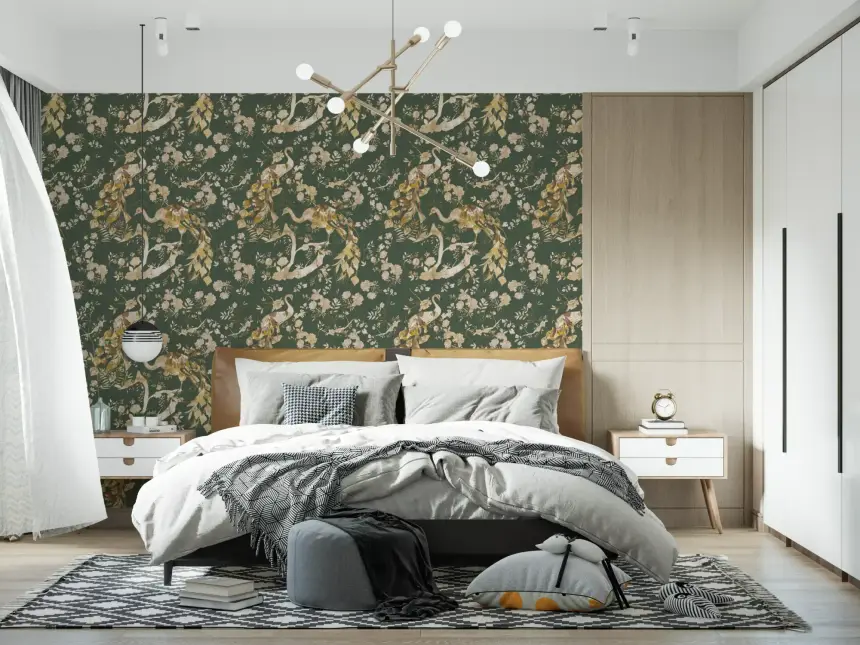 Olive Green Vintage Peacock Wallpaper