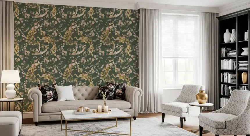 Olive Green Vintage Peacock Wallpaper