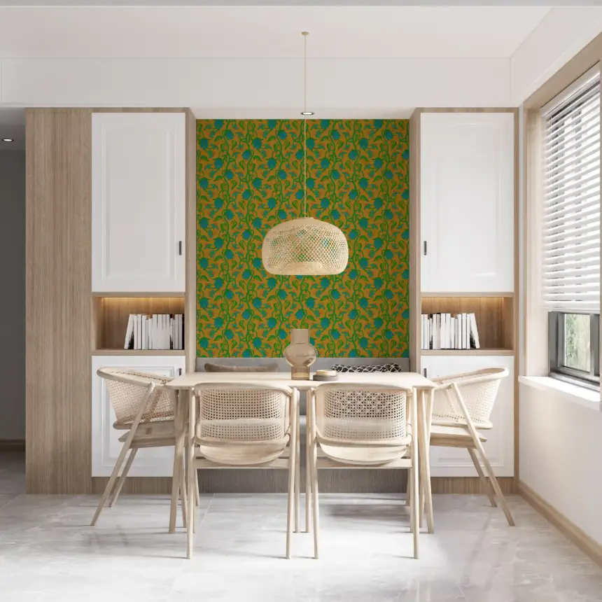 Ophelia Boho Blossoms Floral Tropical Blue Green on Mustard Yellow Wallpaper