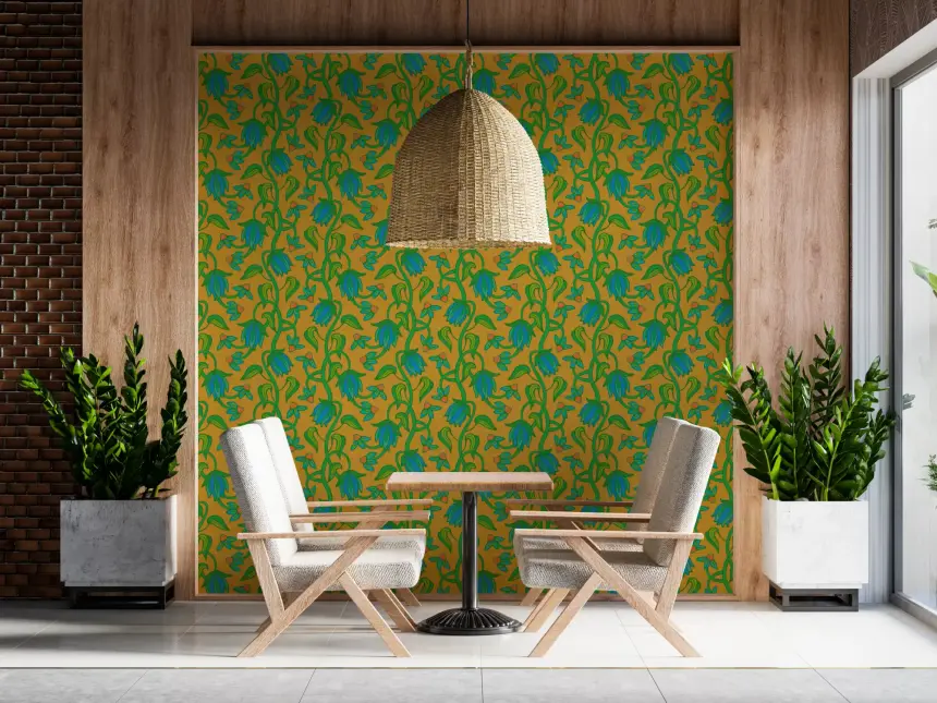 Ophelia Boho Blossoms Floral Tropical Blue Green on Mustard Yellow Wallpaper