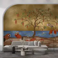 Golden Chinoiserie Cranes and Floral Tree Wall Mural