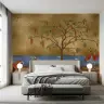 Golden Chinoiserie Cranes and Floral Tree Wall Mural 1