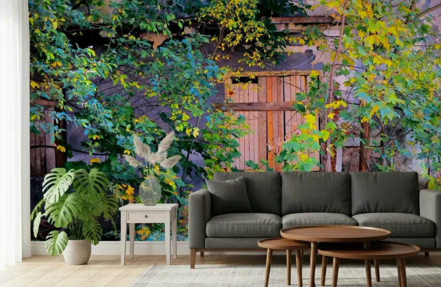 Overgrown Doorway: Nature's Embrace of Abandoned Ruins Wall Mural
