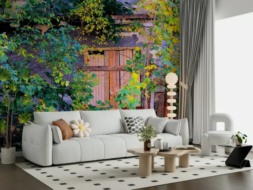 Overgrown Doorway: Nature's Embrace of Abandoned Ruins Wall Mural