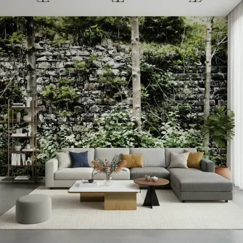 Rustic Forest Stone Wall Wallpaper