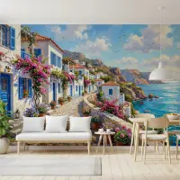 Bougainvillea-Draped Cliffside Village Sea View Wallpaper