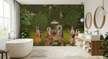 Pichwai Style Krishna Radha Forest Wall Mural