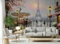 Romantic Parisian Carousel and Eiffel Tower Wall Mural