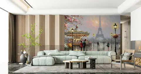 Romantic Parisian Carousel and Eiffel Tower Wall Mural