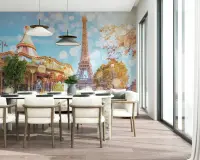 Dreamy Parisian Carousel and Eiffel Tower Wall Mural