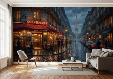 Parisian Cafe Street with Eiffel Tower Wall Mural