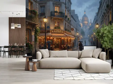 Parisian Rainy Evening Montmartre Wall Mural