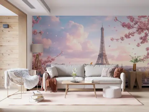 Eiffel Tower and Cherry Blossom Sunset Wall Mural