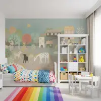Pastel Farm Village Animals Kids Wallpaper