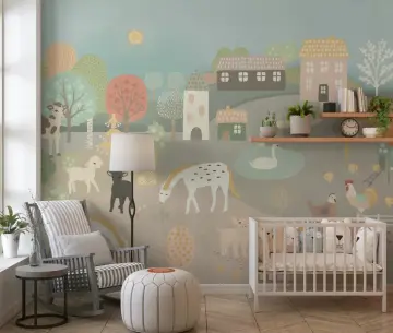 Pastel Farm Village Animals Kids Wallpaper