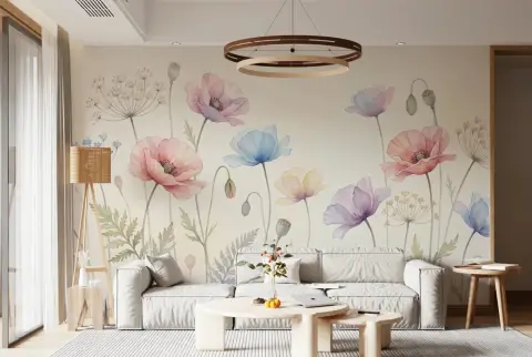Pastel Watercolour Poppy Field Wall Mural