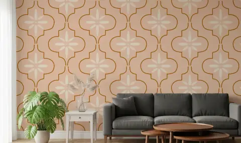 Blush Peach Geometric Trellis Floral Wallpaper