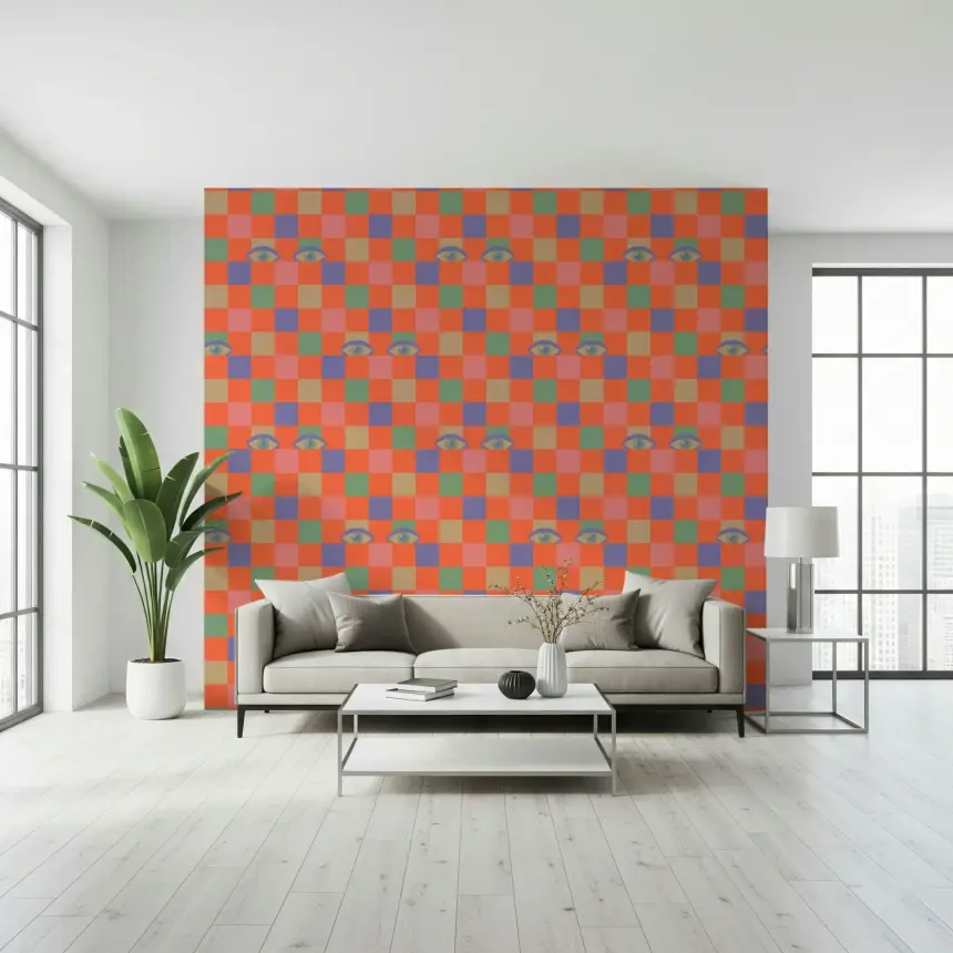 Peekaboo Retro Eyes Checkerboard Pink Cream Purple Mint Coral Orange Wallpaper