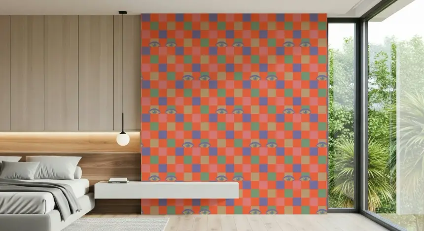 Peekaboo Retro Eyes Checkerboard Pink Cream Purple Mint Coral Orange Wallpaper