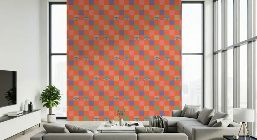 Peekaboo Retro Eyes Checkerboard Pink Cream Purple Mint Coral Orange Wallpaper