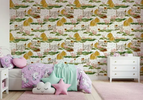 Playful Farm Animals Watercolor Wallpaper