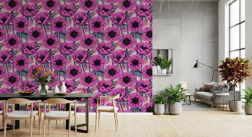 Pink Anemone Garden on Light Pink Wallpaper