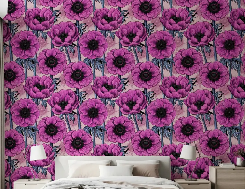 Pink Anemone Garden on Light Pink Wallpaper