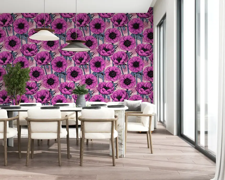 Pink Anemone Garden on Light Pink Wallpaper