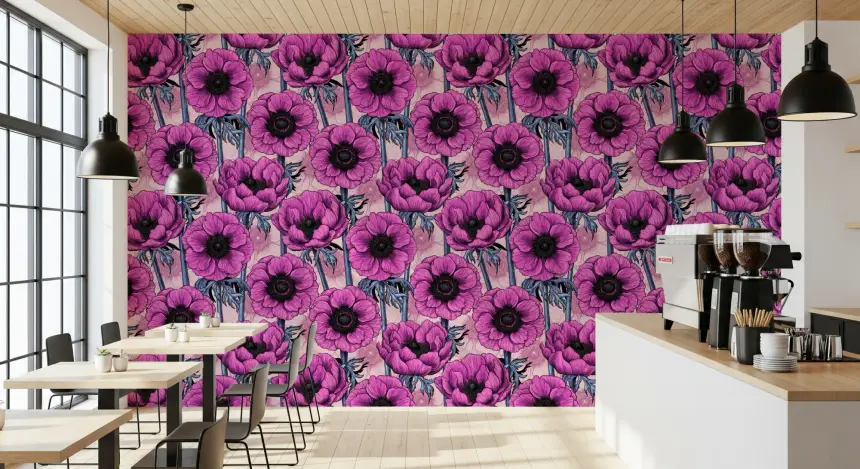 Pink Anemone Garden on Light Pink Wallpaper