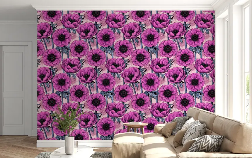 Pink Anemone Garden on Light Pink Wallpaper