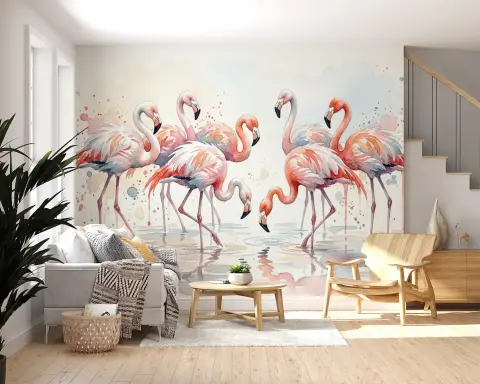 Playful Pink Flamingo Watercolor Wall Mural