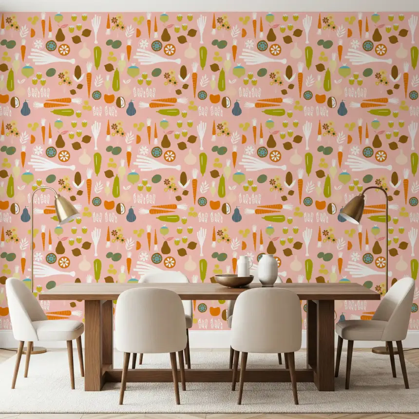 Pink Veggie Wallpaper Mid Century Modern Kitchen Wallpaper