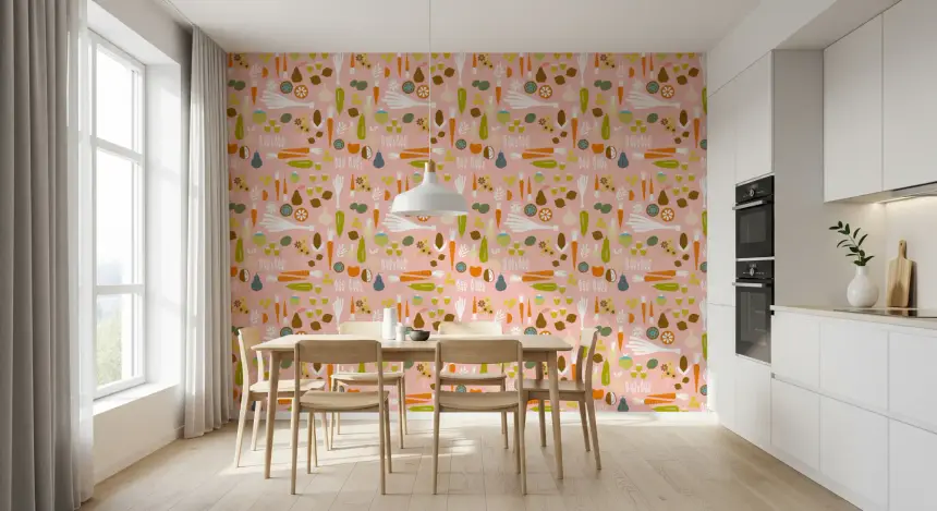 Pink Veggie Wallpaper Mid Century Modern Kitchen Wallpaper