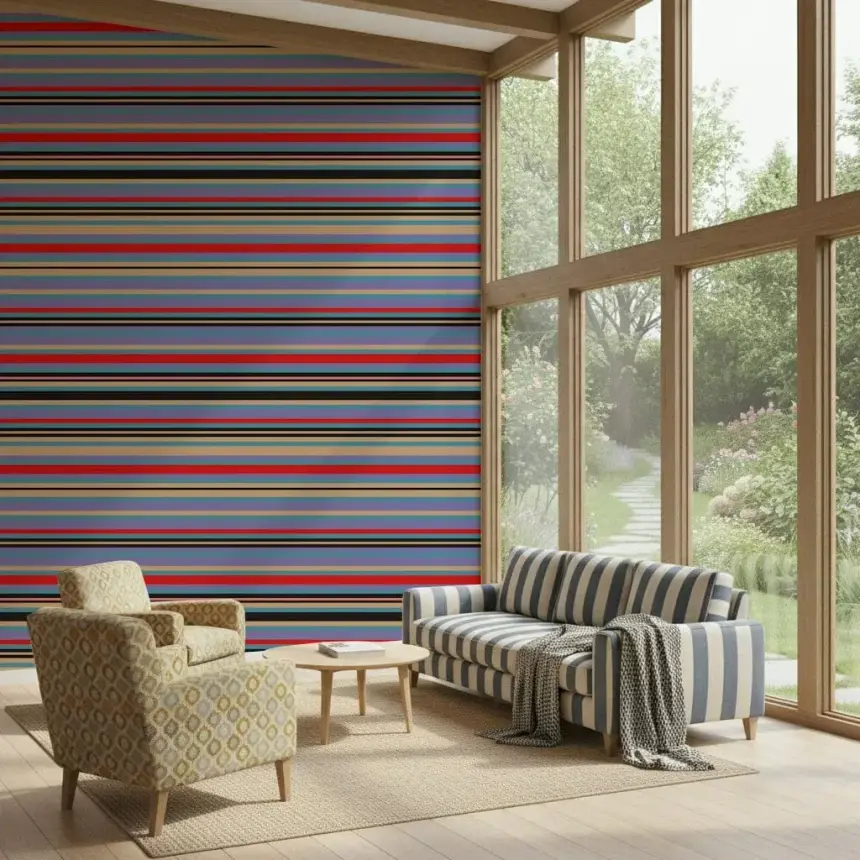 Playtime Stripes Horizontal Classic Striped Retro Vintage 1950S Lavender Purple Blue Red Black Wallpaper