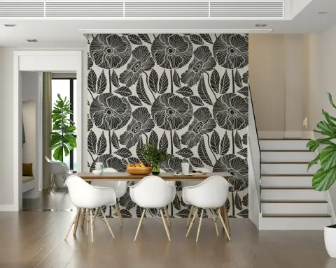 Monochrome Poppy Block Print Floral Wallpaper
