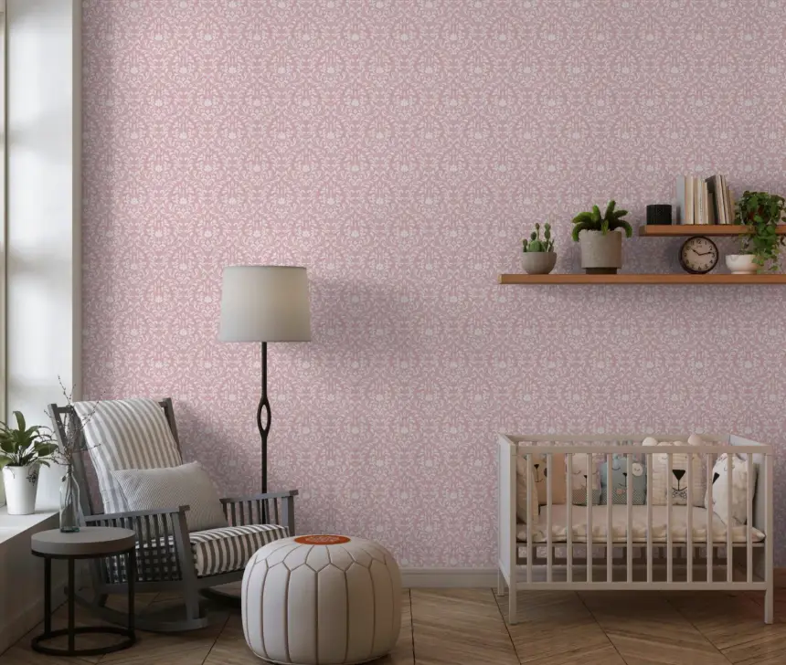 Powder Pink Bloom Damask Wallpaper