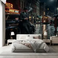 Vintage Noir Cityscape Wall Mural with Classic Car
