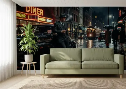 Vintage Noir Cityscape Wall Mural with Classic Car