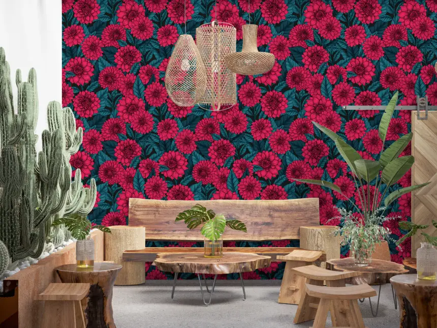 Red Dahlia Garden/Blue Leaves Wallpaper
