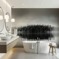 Serene Monochrome Reeds and Water Reflection Wall Mural
