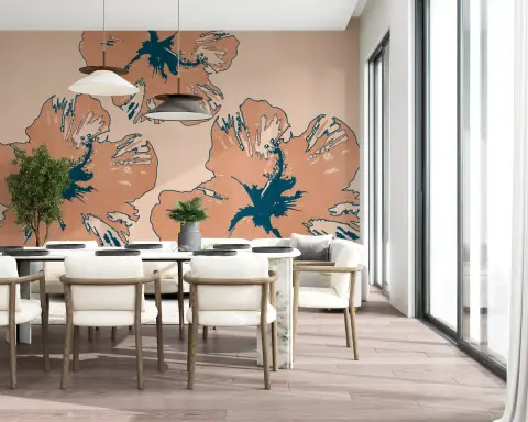 Contemporary Peach Teal Stylized Floral Wall Mural