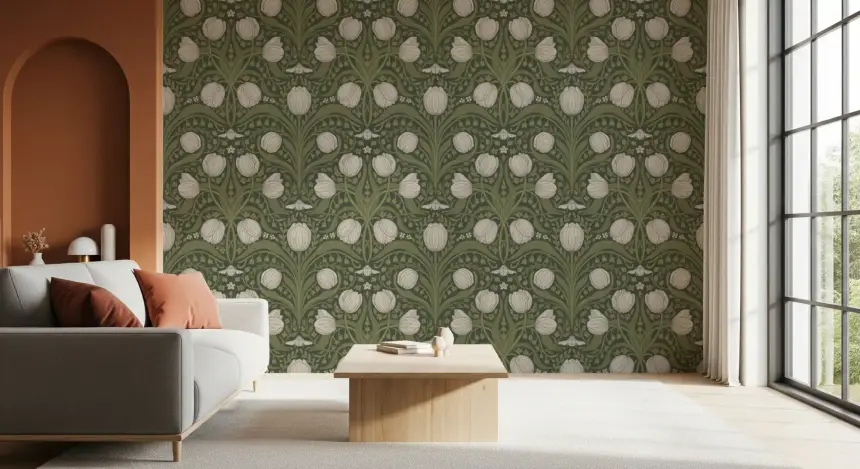 Retro Nouveau Tulips in Orange and Teal Wallpaper